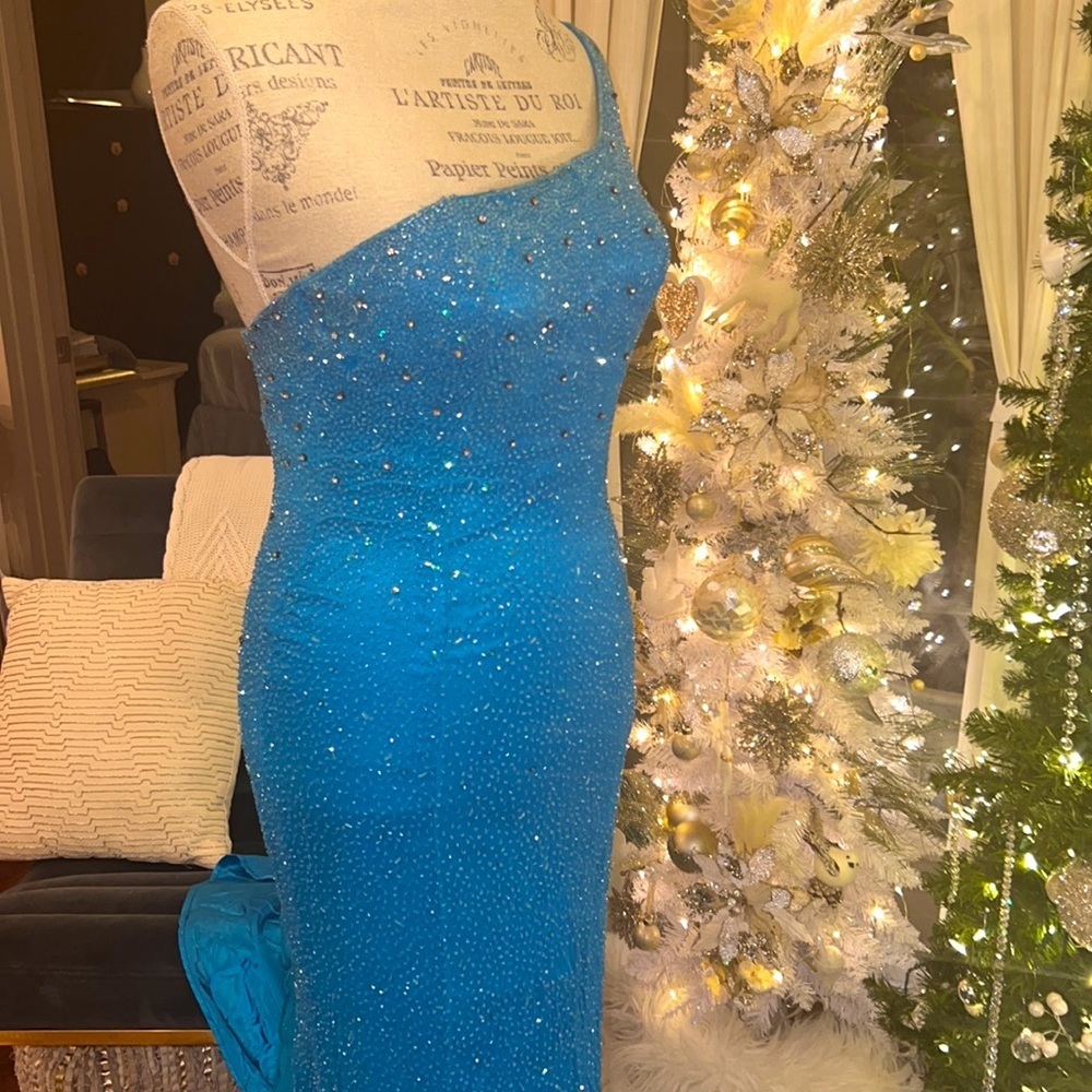 Alyce Designs turquoise blue beaded long gown one shoulder formal prom dress 4 - Picture 2 of 5